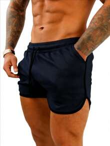 Gym Rark Men's Solid Color Drawstring Waist Casual Sports Shorts - Navy Blue - View 4