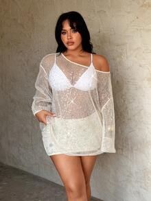 Rustia Top ample pour femmes grande taille, style français minimaliste élégant et décontracté, en maille transparente avec sequins et perles. Convient pour les vacances et la plage. - Nude - Voir 4