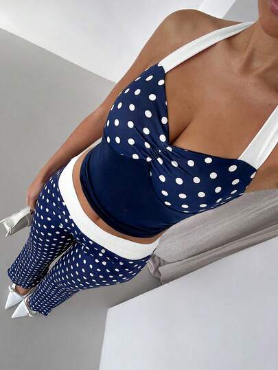 SHEIN Glamour 2 Piece Sets White And Gemstone Color Wave Point Sexy Backless Sleeveless Top Pants Set,Streetwear,Concert Set,Club Set,Date Night Set,Elevated Elegance Set,Prom Set,Rave Set,Women Birthday Set,Party Must Have,Basic Set,Going Out Set,Casual Knit Set,Graduation Season Set