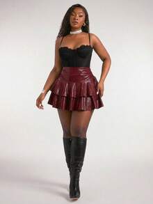 SHEIN SXY 大码女式纯色简约休闲半身裙 - 酒紅色 - 查看 7