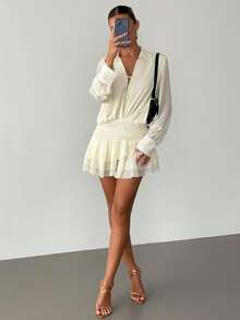 Siren Gaze Women Shirt Collar Tie Front Ruched Waist Layered Ruffle Hem Mini Dress, Elegant Ladies Dress, Wedding Guest Dress, Multi-Layer Ruffle Hem Design, Graceful Ladies Apparel,  Ruffle Mini Dress For Casual Brunch White Ruffle Dress White Mesh Dress Off White Dresses For Women White Long Sleeve Dress - Apricot - View 7