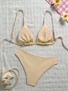 Swim Mod Women's Handmade Beaded High-End Retro Triangle Bikini, Bead Decor Sexy Swimwear For Beach, Resort, Pool Party, Solid Color, Spring/Summer, Versatile Bikinis Set For Women - Light Yellow - View 3