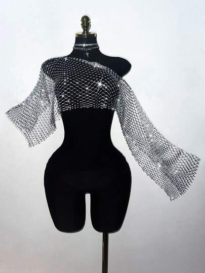 EgrlEra Women's Fishnet Rhinestone Cropped Top, Suitable For Holiday Party Outfits