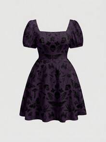 ROMWE Gothic Mysterious Sun, Moon, Star, Plant, Skeleton, Moth, Butterfly Print Plus Size Dress - Purple - View 1