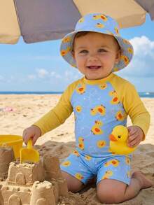 SHEIN 2 piezas Traje de baño de protección solar con estampado de pato lindo para bebé niño/niña/unisex, de manga larga, apto para playa, piscina, vacaciones - Multicolor - Ver 1