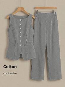 EMERY ROSE 女士休闲条纹印花背心和裤子两件套 - 彩色 - 查看 1