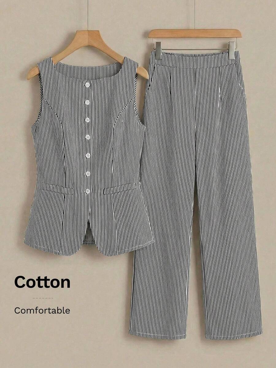 EMERY ROSE 女士休闲条纹印花背心和裤子两件套 - 彩色 - 查看 1