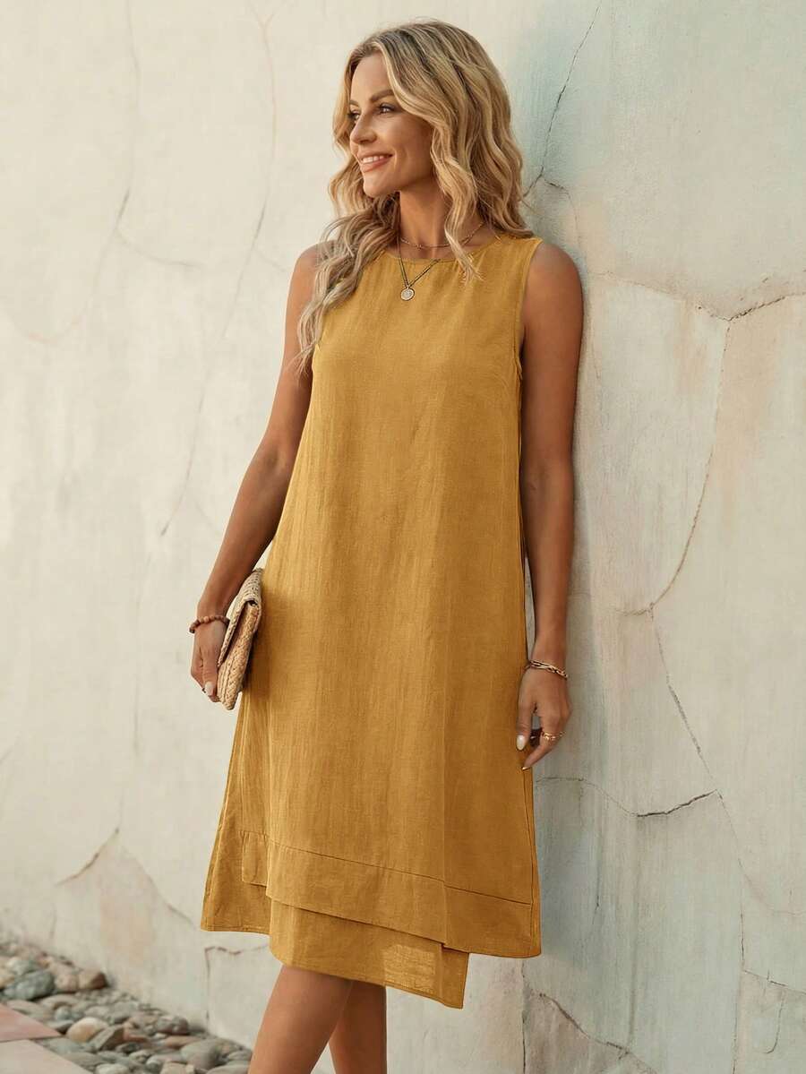 EMERY ROSE 女士休闲无袖圆领A字连衣裙，夏季芥末黄连衣裙，夏季休闲连衣裙，卡其色连衣裙，女士休闲中长连衣裙，夏季连衣裙，亚麻连衣裙，度假装，Zanzea连衣裙，女士休闲连衣裙，无袖夏季连衣裙，夏季女士休闲连衣裙 - 黃色 - 查看 1