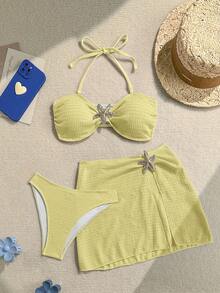 Soleia 女士夏季沙滩纯色金属海星装饰抹胸性感比基尼套装，带罩裙 - 淡黃色 - 查看 5