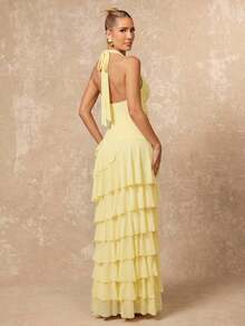 Lumalex 女士纯色深V领系带露背开衩优雅腰身连衣裙，适合派对穿着 - 淡黃色 - 查看 3