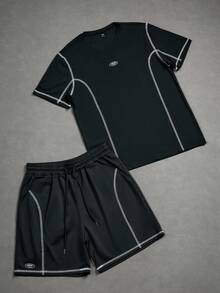 Manfinity Roghcode Men's Letter Print Short Sleeve T-Shirt And Drawstring Waist Shorts Casual Set - Black - View 4