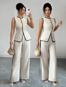 Rafferiza Women's Elegant Casual Contrast Trim 2 Pieces Set Elegant Black And White Contrast-Stitched Summer Two-Piece Set. - Apricot - View 1