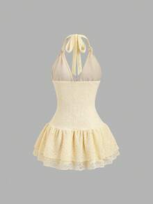 Sweetra 美式休闲度假风露背吊带蕾丝设计多层腰身收腰修身夏季时尚新款假日沙滩性感连衣裙 - 黃色 - 查看 2