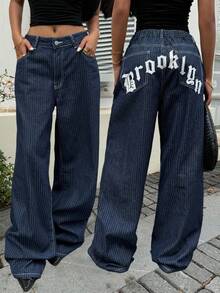 Muchica Jeans larges à poches avec graphique en lettres, coupe ample et décontractée pour femmes grandes tailles - Bleu azur - Voir 1