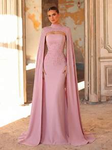 Aureia Đầm dạ hội màu hồng satin thanh lịch, lãng mạn, thời trang, trang nhã, hơi co giãn, đính đá lấp lánh, dáng đuôi cá, thích hợp cho tiệc tùng, đám cưới hoặc các dịp trang trọng khác. - Màu Hồng baby - Xem 7