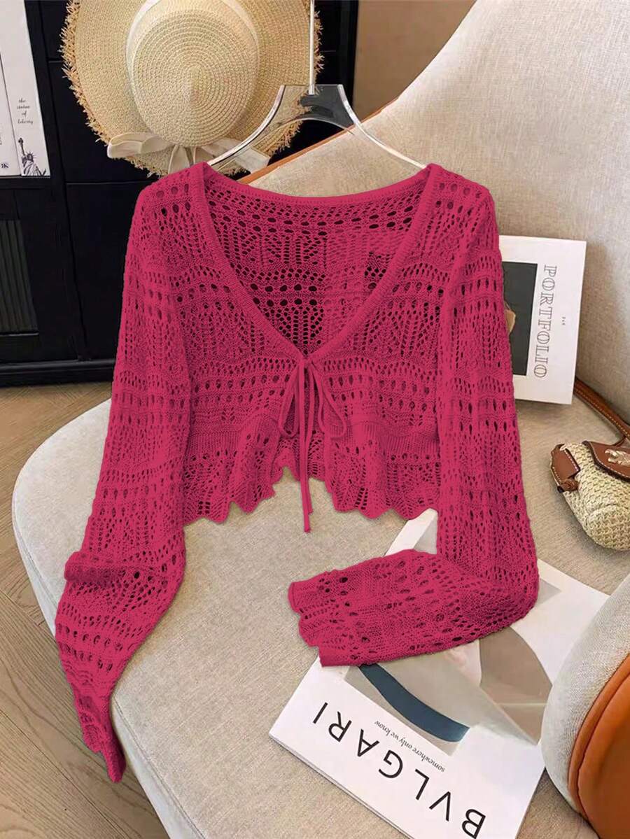Franclia New Solid Color Hollow Crochet Lace Lightweight Cardigan, Versatile Outerwear For Women - Hot Pink - View 1