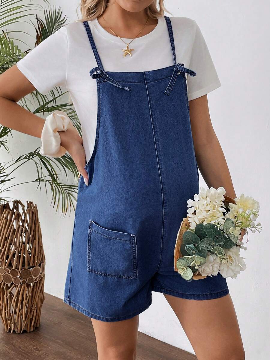 SHEIN 孕妇蓝色牛仔背带短裤 - 深色水洗藍 - 查看 1