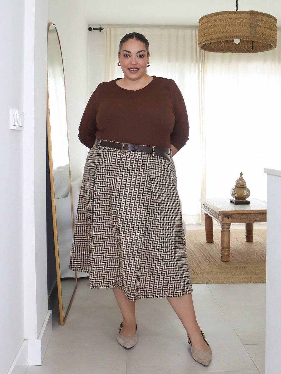 Pretty and Ole Chân váy xếp ly chữ A họa tiết caro cổ điển cỡ lớn - màu nâu - Xem 1