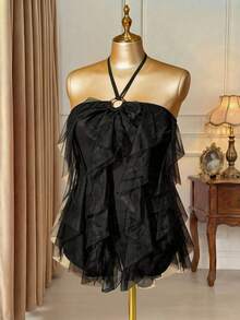 Rometta Áo ba lỗ lưới đen dệt kim thanh lịch cỡ lớn cho nữ và áo ba lỗ - màu đen - Xem 4