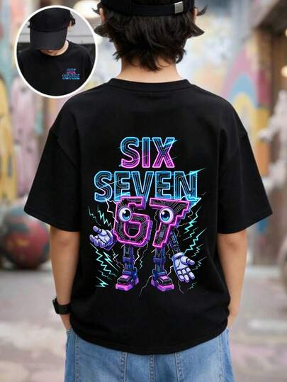 青少年男童休闲时尚舒适简约百搭创意趣味闪电机器人图案短袖T恤，户外服装