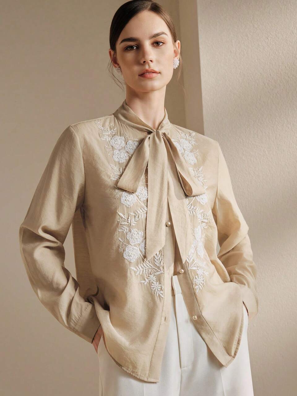 Anewsta Women's Autumn Tie-Up Bow Long Sleeve Sheer Blouse, Lightweight Elegant Sexy Floral Beaded Versatile Shirt In White Teachers' Day Golf