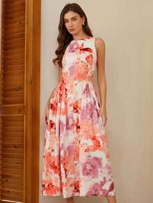 BELROSIE Robe maxi élégante et décontractée pour femmes, avec imprimé floral romantique oversize, col rond, sans manches, taille cintrée et design de fronces sur les côtés - Multicolore - Voir 4