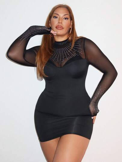 MelDlgn 大码迷人派对高领网眼撞色水钻紧身黑色女式迷你连衣裙
