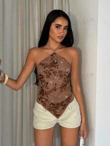 Glamine 女士无袖亮片性感沙滩度假上衣 - 咖啡棕 - 查看 3