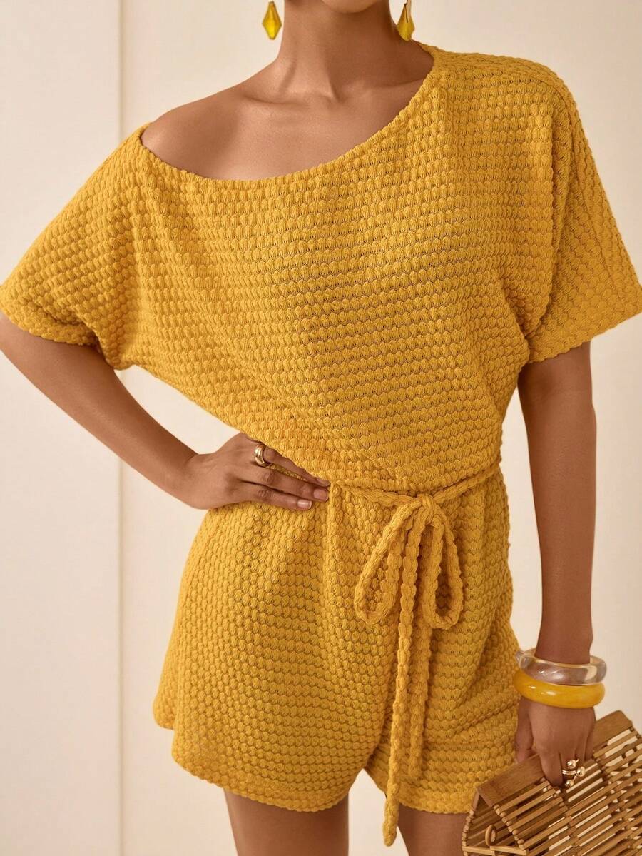Lyxana Women's Jacquard Knit Asymmetrical Shoulder Cinched Waist Romper - Yellow - View 1