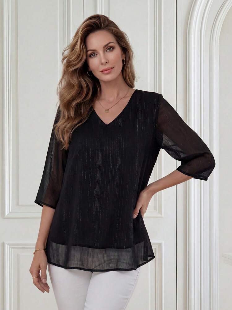 Women's Solid Color V-Neck Mesh 3/4 Sleeve Loose Blouse Casual Spring Summer