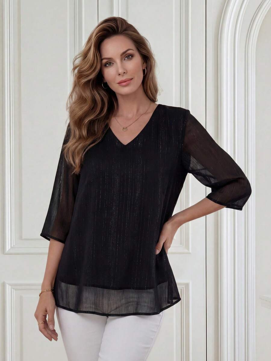 Medorina Women's Solid Color V-Neck Mesh 3/4 Sleeve Loose Blouse Casual Spring Summer - Black - View 1