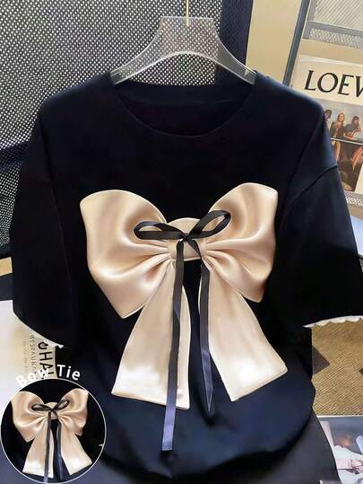 Resyla 女士圆领蝴蝶结装饰休闲百搭日常短袖T恤