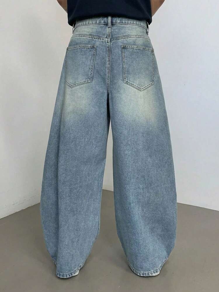 Men's Washed Vintage Blue Long Denim Jeans, Suitable For Spring And Autumn