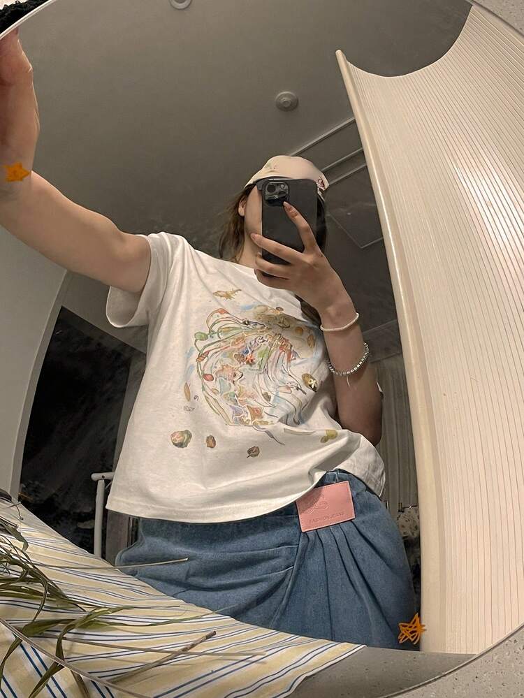 Women's Round Neck Korean Style Floral Print Handmade Beaded Short Sleeve T-Shirt