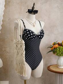 Swim Mod Sleeveless Short Black And White Geometric Polka Dot One-Piece Swimsuit For Women With Cute Contrast Lace - Black and White - View 6