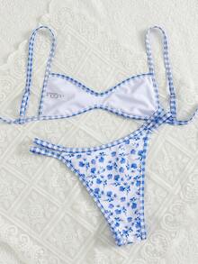Swim Mod 春夏新款欧美甜美花卉拼接格纹流苏双面两件式泳衣套装，系带挂脖比基尼上衣和高腰泳裤，白色背景碎花图案，性感比基尼泳装，适合海滩、泳池、生日派对等场合 - 彩色 - 查看 4