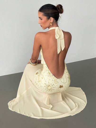 Siren Gaze 新款春夏串珠刺绣花卉雪纺度假连衣裙（女款）