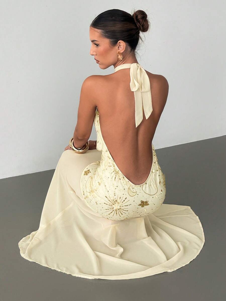 Siren Gaze 优雅金色亮片烟花刺绣露背低胸长款晚礼服，适合夏季穿着——散发优雅女神般的魅力，适合宴会、晚宴、时尚派对等场合，展现自信和独特的个性。 - 杏色 - 查看 1