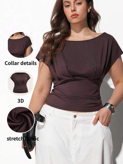 Maija Plus Size 2026 Spring/Summer New Brown Top, Round Neck, Short Sleeve, Casual Business Office Women's Clothing, Loose Comfortable Modern Elegant Urban Romantic Dignified Refined Vintage Style, Suitable For Wedding Guest, Birthday, Business Casual, Date, Party, Valentine's Day, Romantic Plus Size Solid Color T Shirt Curvy Tops Plus Size Summer Tops Plus Size Short Sleeve Top Plus Size Ribbed Knit Top Women Easter Summer Outfits Women Party Top Beach Dress Summer Holiday Outfits Each Vacation Outfits For Women  Summer Outfit For Women Going Out Outfits Graduation Graduation Outfit  Casual Dresses  Casual Blouses For Women, Going Out Tops  Plus Size Tops Cropped Tops