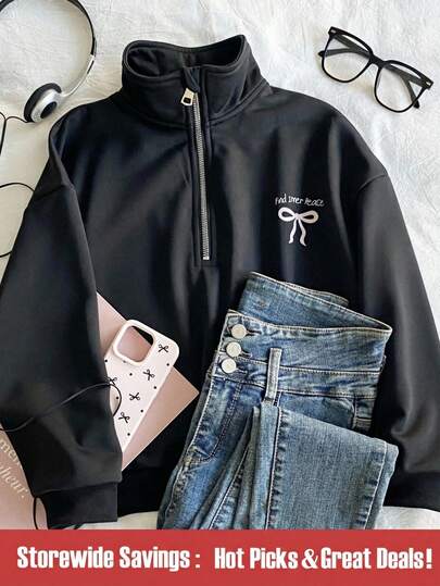 SHEIN بلوزة رياضية سوداء فضفاضة نصف سحاب للفتيات المراهقات، متعددة الاستخدامات تناسب كل المناسبات، مناسبة للخريف والشتاء