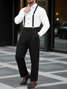 Manfinity Bizformal 男士黑色吊带褶裥休闲商务直筒七分裤 - 黑色 - 查看 7