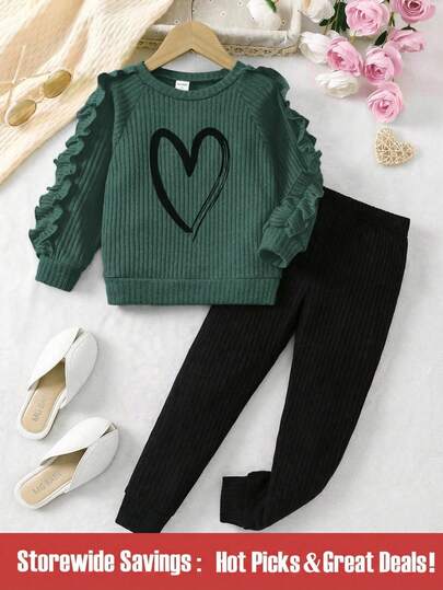 SHEIN 2件套少女心印花荷叶边下摆T恤和裤子套装