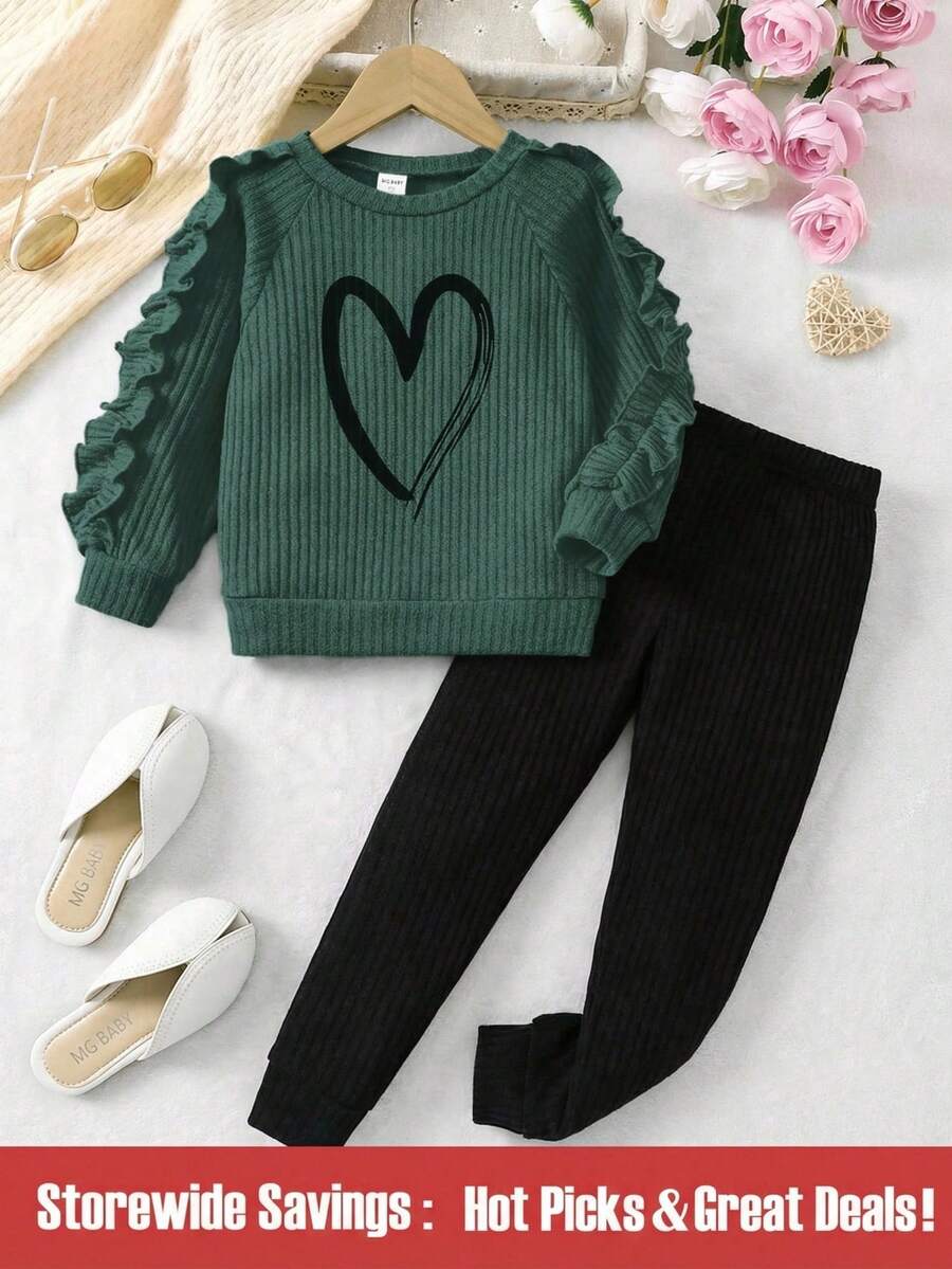 SHEIN 2件套少女心印花荷叶边下摆T恤和裤子套装 - 綠色 - 查看 1