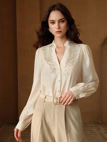 Anewsta Chemisier élégant pour femme avec un design de luxe, broderie, décoration de strass, chemise blanche Top de gamme, convenant pour sortir, être élégante, les loisirs, les occasions formelles, les fêtes, la mode, le travail, la remise des diplômes, le mariage - Beige - Voir 5