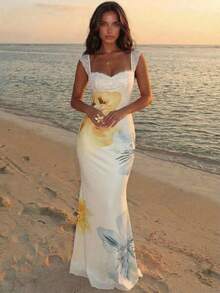 Aloruh 新款浪漫黄色渐变花卉网纱印花紧身弹力性感露背连衣裙，饰有蕾丝边 - 淡黃色 - 查看 2