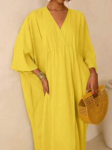 Vesra Women's Solid Color Batwing Sleeve Casual Dress - Yellow - View 7