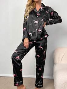 Conjunto de pijama con top de satén y pantalones con estampado de flamenco y letras, con detalles acogedores y elegantes para otoño e invierno - Negro - Ver 3
