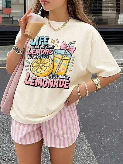 Camiseta corta básica de verano y primavera con estampado gráfico de limón, lazo rosa, estrella y letra, de estilo casual, creativo y minimalista, cómoda para uso diario de niñas, adecuada para primavera, verano y otoño