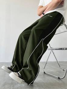 Manfinity EMRG Men's Casual Color Block Drawstring Straight Leg Pants, Loose Fit Long Black Patchwork Straight Leg Sweatpants For Outdoor - Army Green - View 3