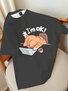 Áo thun Claim Dot Plus Size Funny Working Cat "I'm Ok" Graphic T-Shirt, dáng rộng, áo thun ngắn tay in hình mèo hoạt hình Mỹ cổ điển, thiết kế độc đáo với dòng chữ "I'm Fine" in hình hài hước, áo thun ngắn tay rộng rãi thoải mái cho mùa hè. - Nhiều màu - Xem 1